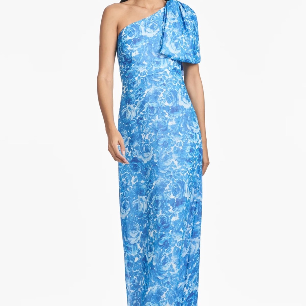Sachin + Babi Blue and White Asymmetrical Ruffled Gown